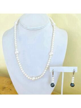 Pearl Freshwater Cultured Necklace Earrings Sterling Silver Set Station Classic